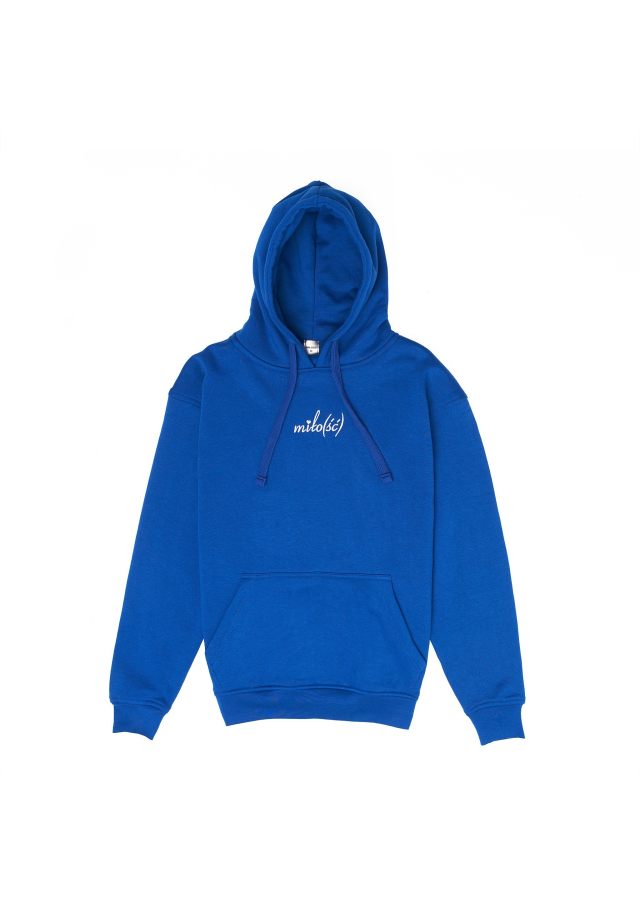 Original hoodie kobaltowa z białym haftem Miło(ść)