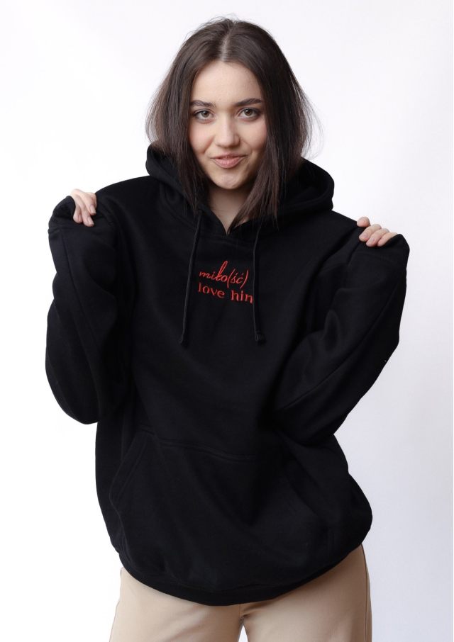 Original hoodie czarna z czerwonym haftem Miło(ść) I love him
