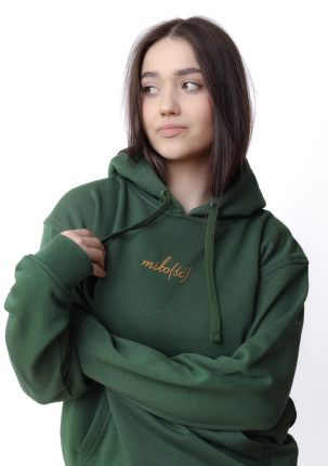 Original hoodie butelkowa zieleń z pomarańczowym haftem Miło(ść)