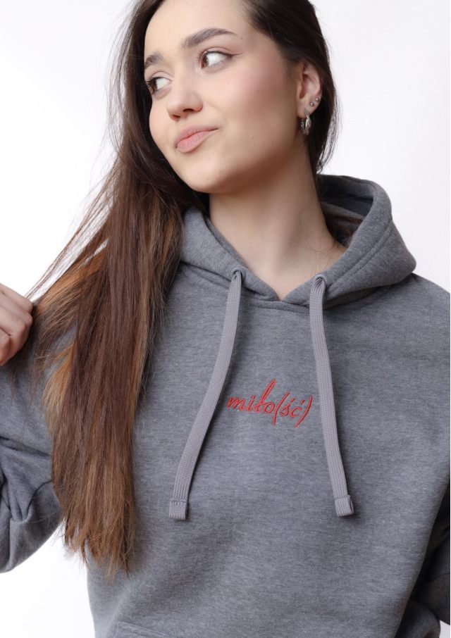 Original hoodie szara z czerwonym haftem Miło(ść)