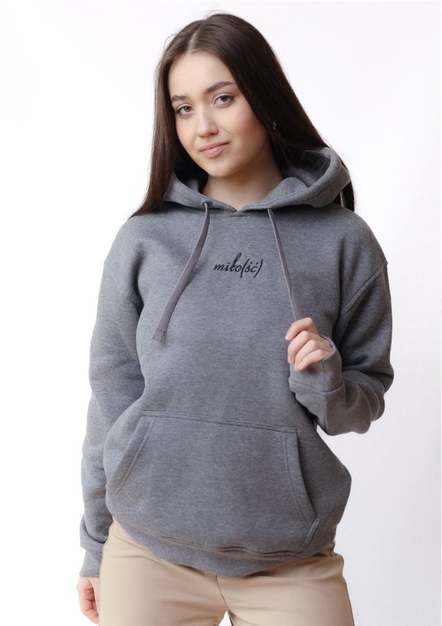 Original hoodie szara z czarnym haftem Miło(ść)