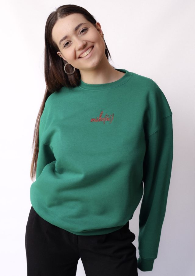 Original crewneck zielony z czerwonym haftowanym logo Miło(ść)